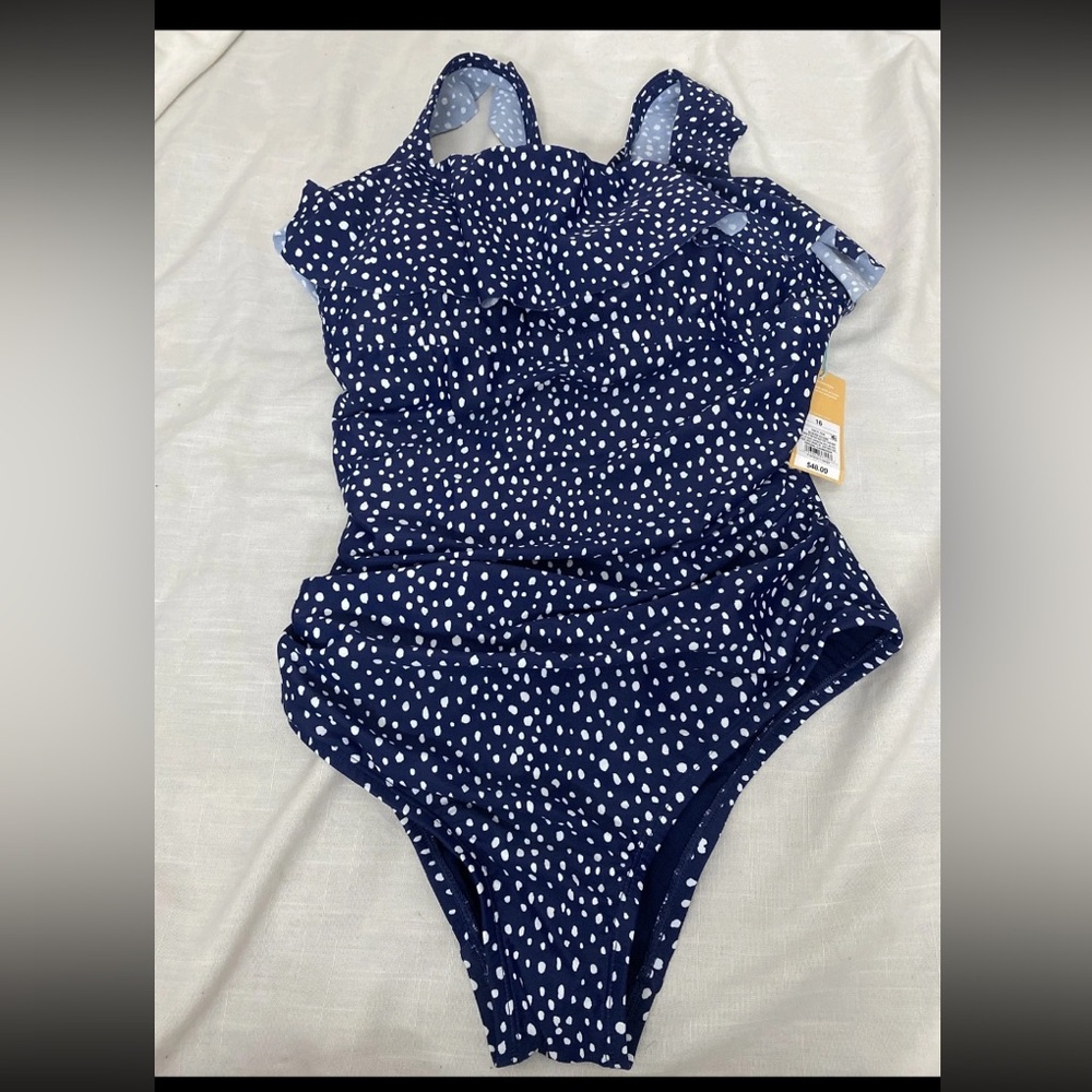 Women's Polka Dot Ruffle Shoulder One Piece Swimsuit - Kona Sol Navy Blue 16